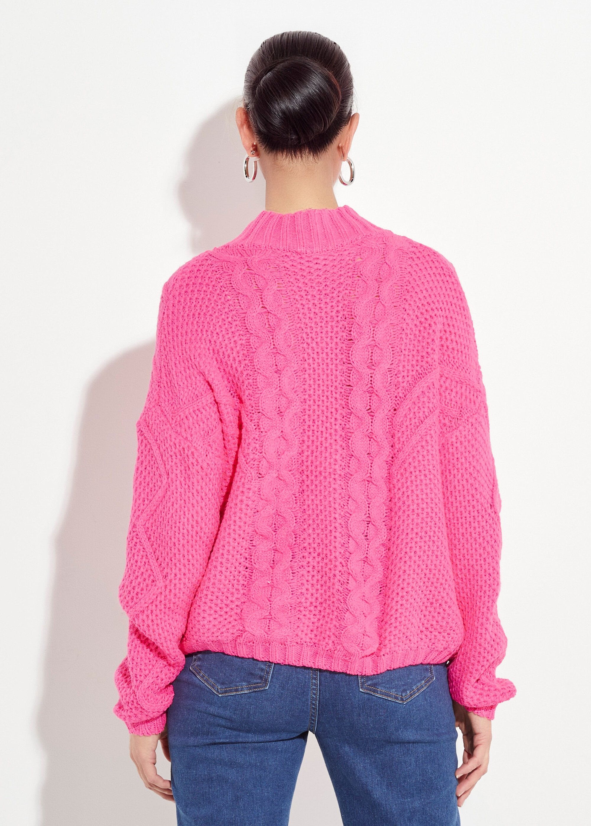 Pull_col_montant,_jeux_maille_fantaisie_Rose_fluo_DO1_slim