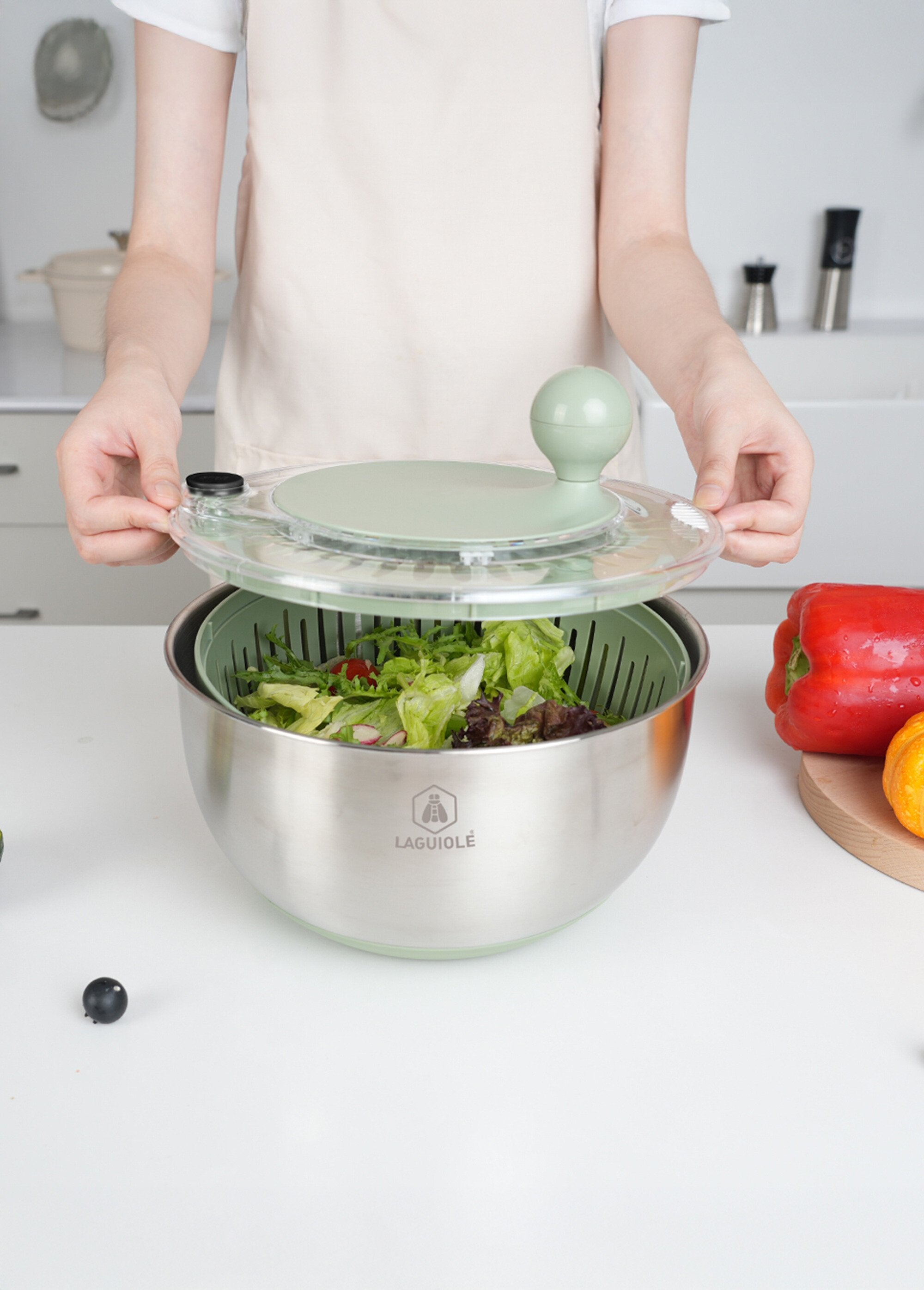 Ensaladera_de_acero_inoxidable/centrifugadora_de_ensaladas_2_en_1_Oliva_y_gris_DE2_slim