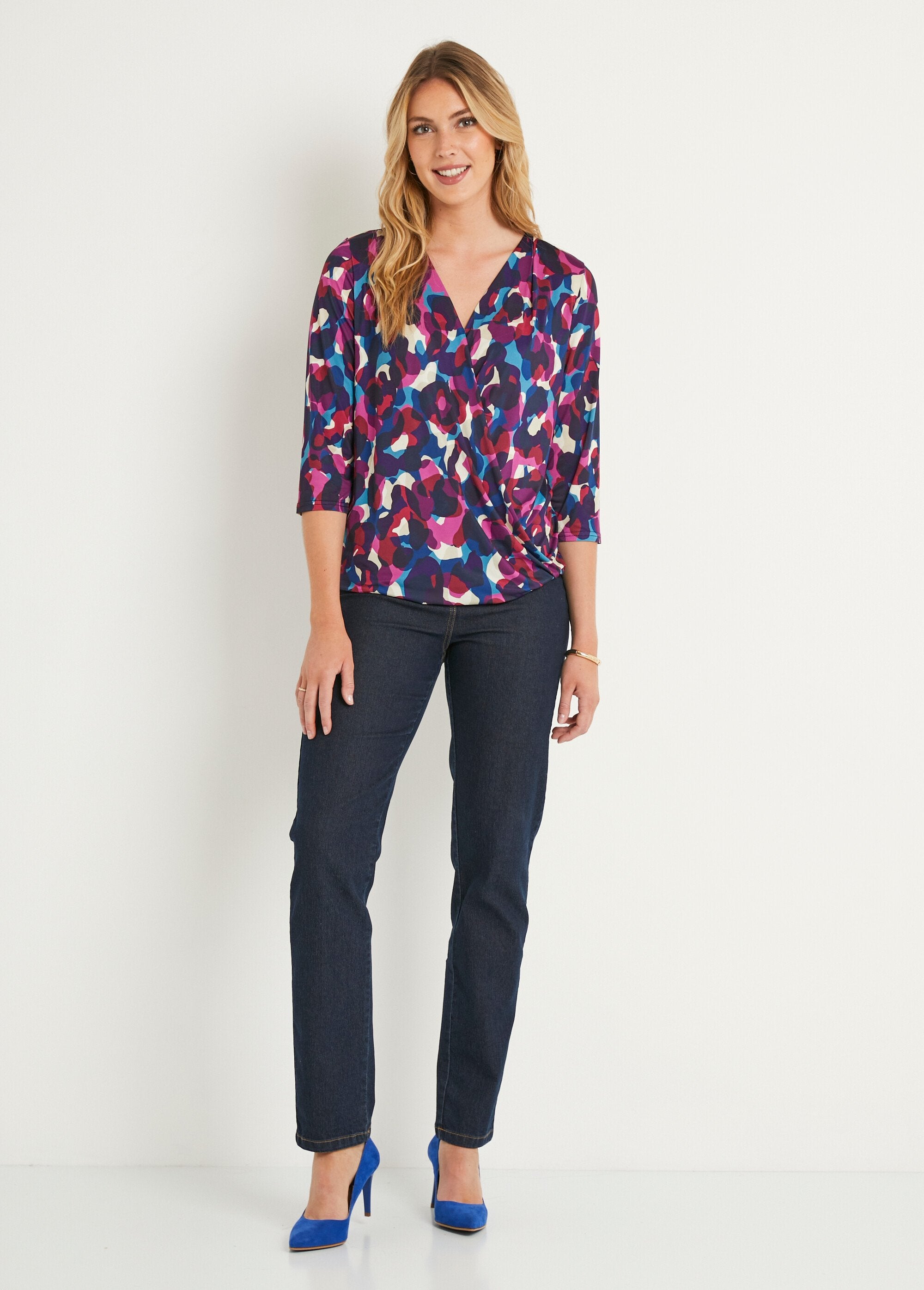 Camiseta_blusón_envolvente_de_manga_3/4_rosa_y_azul_SF1_slim