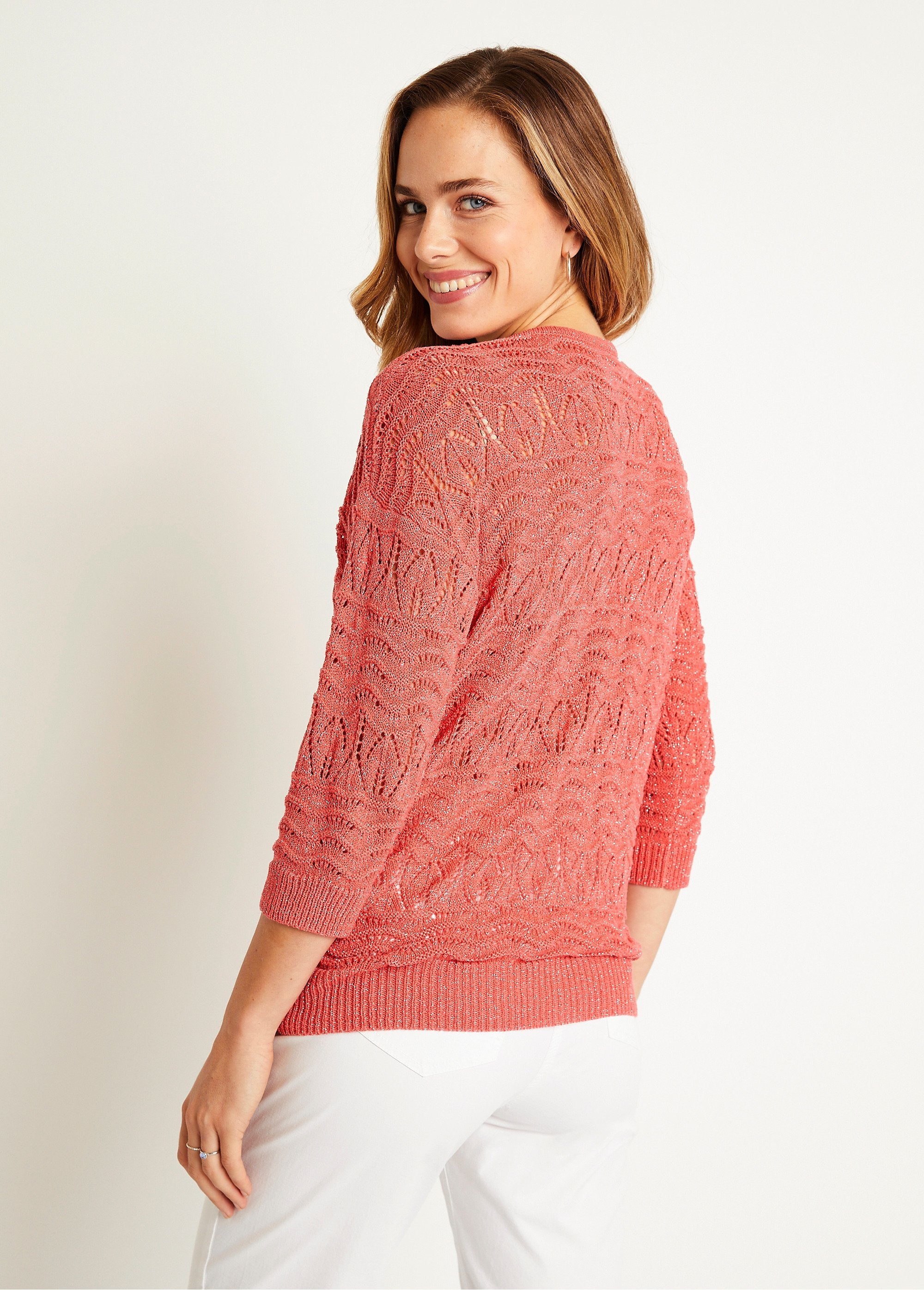 Jersey_con_cuello_en_V_y_estampado_calado_de_manga_3/4_Coral_DO1_slim
