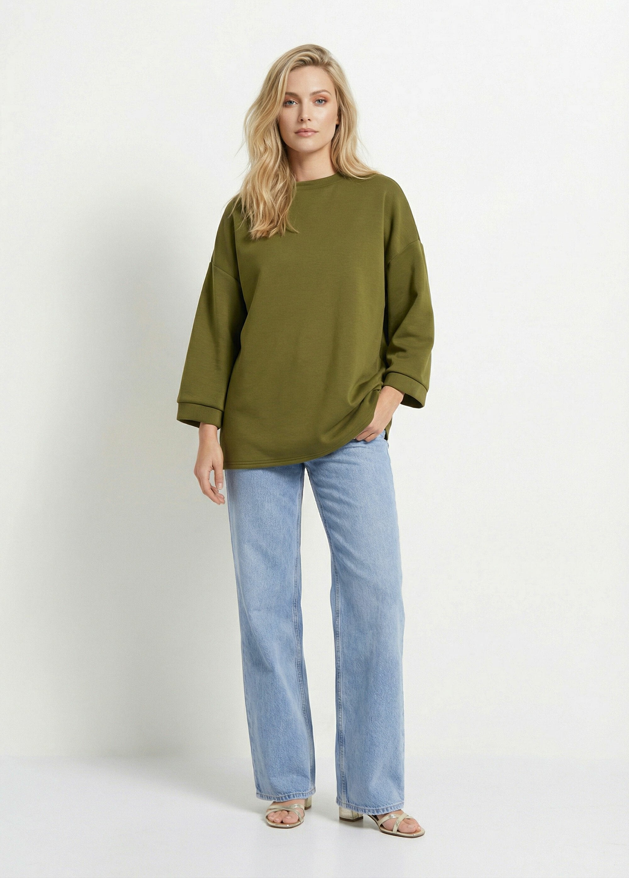 Sweat_shirt_large_col_rond,_manches_3/4_Vert_olive_SF1_slim