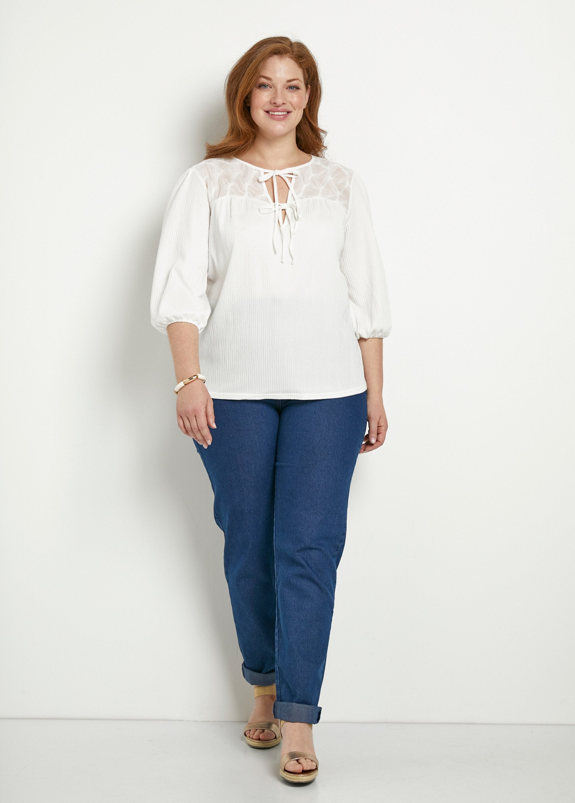 Camiseta_de_cuello_en_V_con_mangas_3/4_de_voile_Blanco,_Blanca_SF1_curvy