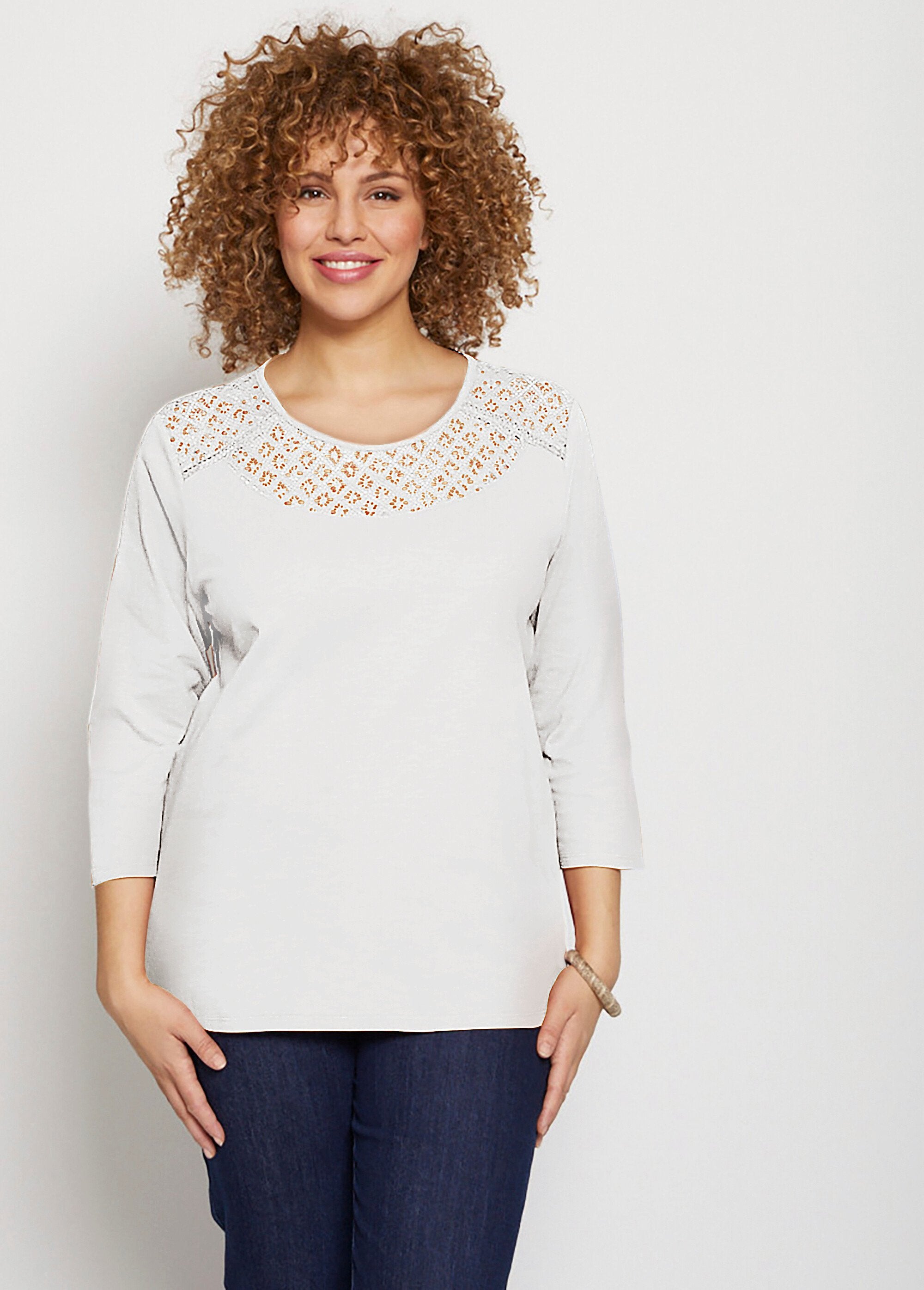 Camiseta_manga_3/4_de_algodón_y_encaje_Blanco,_Blanca_FA1_curvy